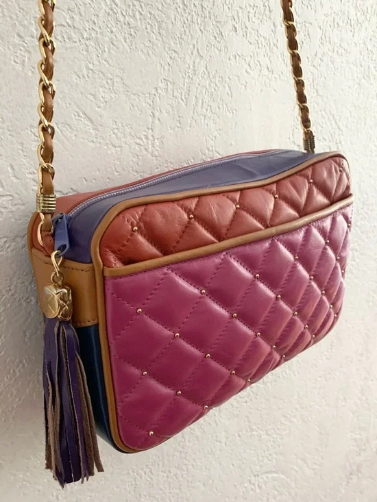Vintage Quilted Color Block Multi-Color Leather Studded Tassel Crossbody Bag - Picture 5 of 17